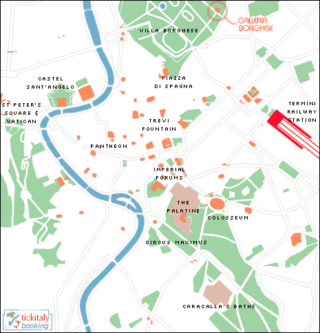 Map showing the location of the Borghese Gallery, Rome, Italy